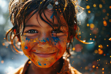 Portrait of a boy with his face covered in Holi colors. Holi festival concept