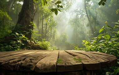 Visualize a natural wood podium board platform positioned in the heart of an forest landscape,...