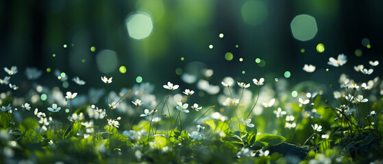 Sunlit forest floor adorned with blooming white flowers, casting an ethereal glow.