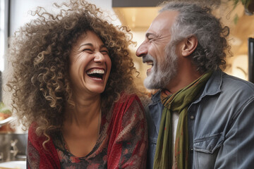 Happy 55s couple..Curly haired woman. Sitting in kitchen in modern house with big window talking and laughing together, enjoying free time. People concept