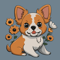 Cartoon cute little dog with yellow flower vector illustration