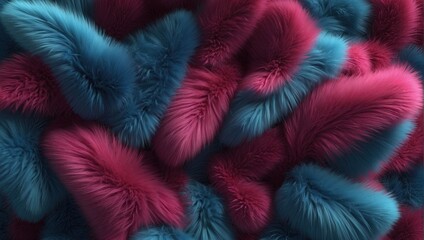 Abstract colorful fur texture with raspberry and shades of blue, high-resolution, fluffy, soft appearance, vibrant, close-up, luxurious feel, synthetic, patterned, decorative background
