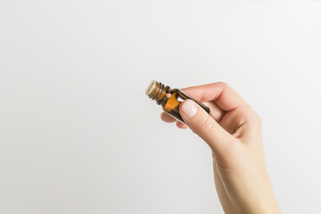 female hand holding a glass bottle with essential oil