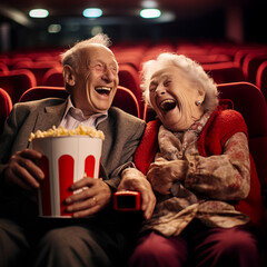 Laughing elderly couple, a man and a woman watching movie in the cinema, a comedy show or a movie and eating a snack of popcorn, sitting in comfortable red armchairs, a mature family, 