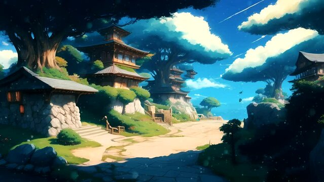 footage seaside animation with house and forest loop 4k in anime style 