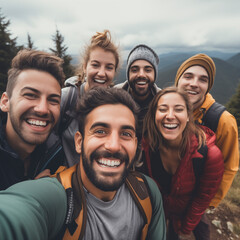 Obraz premium Cheerful friends taking selfies during a vacation. Group of men and women outdoors on a summer day making self portrait.