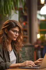 Young woman with glasses works concentrated with laptop while sitting at cafe indoors