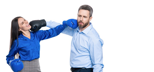 business conflict. businesspeople in boxing gloves isolated on white. two businesspeople solving...