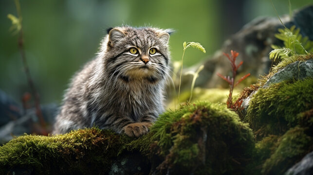 Manul cat in the wild, illustration, beautiful natural nature. Portrait of Manal. Wild cats.