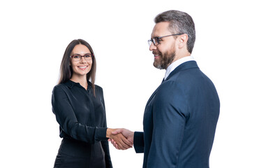 partnership and business success. businesspeople isolated on white. successful business partnership. two successful businesspeople partner celebrating business success with handshake. Handshake deal