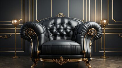 Luxury Black Leather Armchair with Gold Ornaments