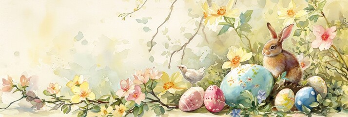 Watercolor Easter scene on bright background with copy space, with soft, flowing colors blending together to create a whimsical and gentle portrayal of the holiday, featuring decorated eggs