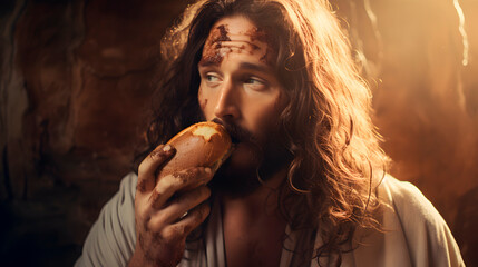 jesus christ eating a hamburger with fries