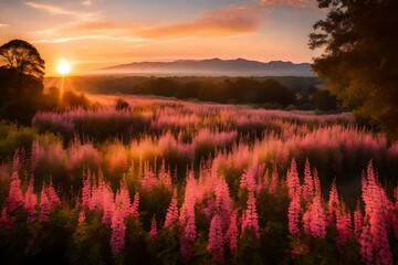 Obraz premium Amid the gentle embrace of summer, envision a sunrise that paints the sky in hues of gold and pink. The flawless