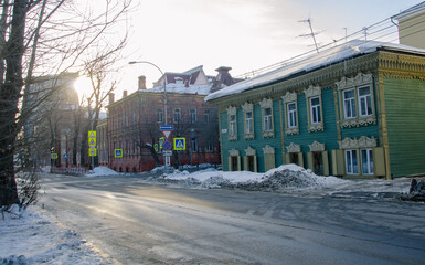 Street with old two-storeyed houses, historic architecture, Irkutsk Russia
