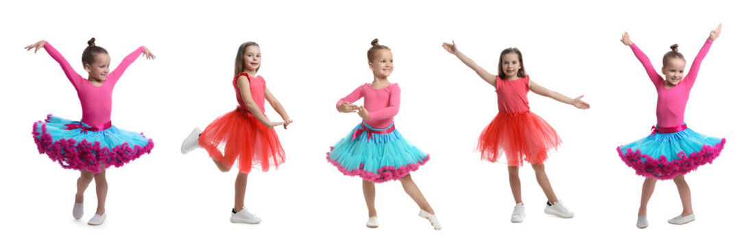 Cute little girls dancing on white background, set of photos