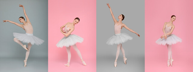 Ballerina practicing dance moves on color backgrounds, set of photos - obrazy, fototapety, plakaty