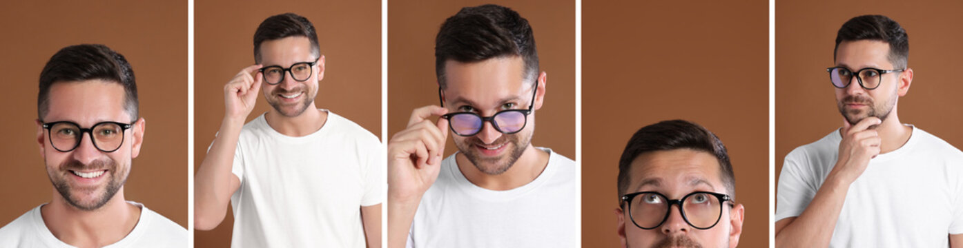 Man in glasses on brown background, collection of photos