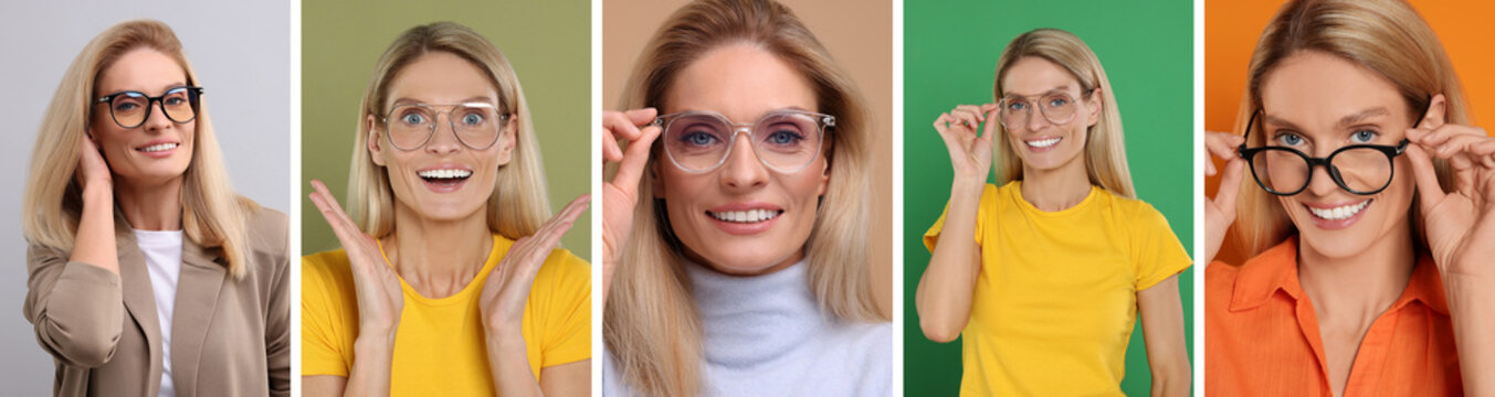 Woman in glasses on different backgrounds, collection of photos