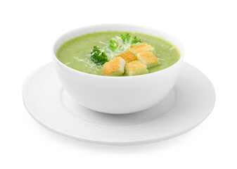 Delicious broccoli cream soup with croutons and cheese isolated on white