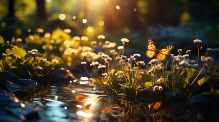 Butterfly perches on white blossoms beside a sunlit, gently flowing stream.
