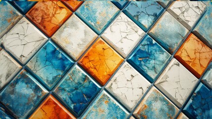 Seamless Mosaic Motif Ceramic Subway Tiles in Soft Pastel Blue, Orange, and White Colors