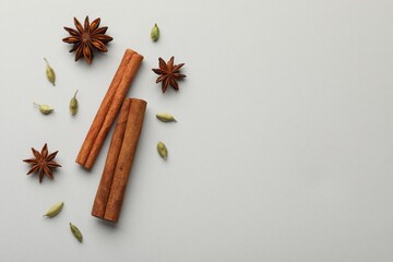 Cinnamon sticks, star anise and cardamom pods on light grey background, flat lay. Space for text