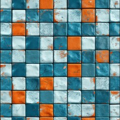 Seamless Mosaic Motif Ceramic Subway Tiles in Soft Pastel Blue, Orange, and White Colors