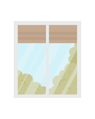 View from the window. Clear weather, blue sky, green trees. Vector illustration.