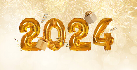 Obraz na płótnie Canvas Happy New 2024 Year. Bright number shaped balloons, streamers and gift boxes on blurred background with fireworks. Banner design