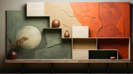 An abstract composition featuring a gradient of earthy tones, from terracotta to olive green, creating a grounded atmosphere.