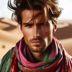 A Rugged Handsome Attractive Dark-Skinned Man with Brushed Back Hair Exploring the Desert Sand Dunes with a Colorful Silk Scarf Clothes Around Neck. Traveler Life Hobby World Trip Wildlife Conditions - obrazy, fototapety, plakaty