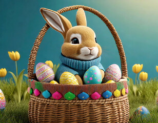 Cute Easter Bunny siting in a basket of colored Easter Eggs