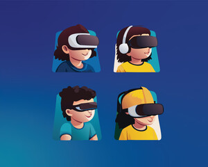 Different people with virtual reality glasses on color background