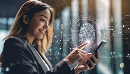 woman accessing her personal financial information on her phone using her fingerprint identification, Generative ai - obrazy, fototapety, plakaty