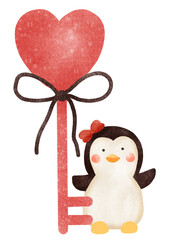 cute watercolor penguin with heart key for Valentine
