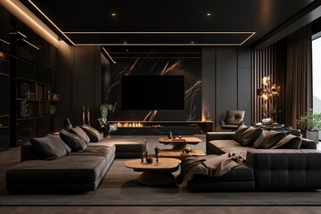 A dark and black theme interior design of a living room