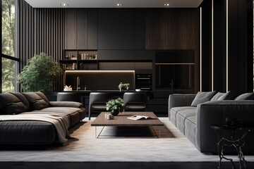 A beautiful and luxurious living room design with black interiors