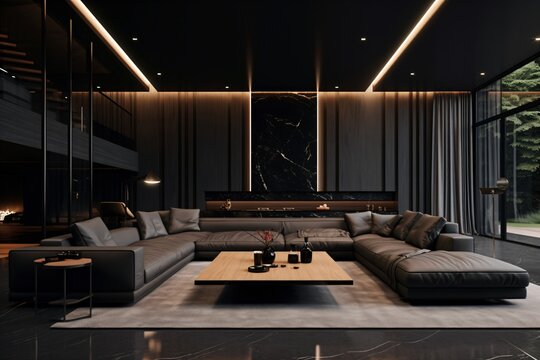 A dark and black theme interior design of a living room
