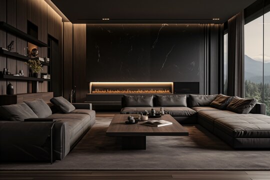 A dark and black theme interior design of a living room