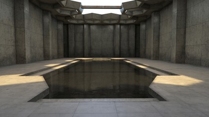 Concrete architecture in brutalist style. Courtyard with a swimming pool. Photorealistic 3D illustration.