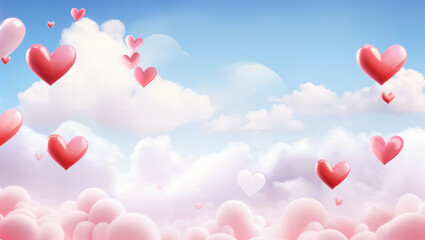 Abstract background with hearts, clouds and blue sky. Love is in air. Celebration of Valentine's Day