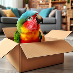 Cute colorful parrot sitting inside a cardboard box looking up in the living room

