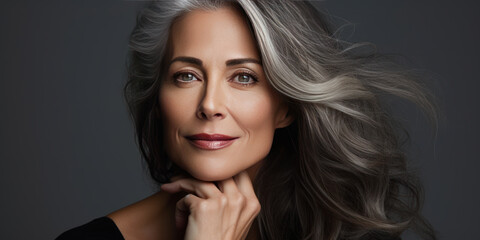 woman with gray hair, Caucasian female long wavy hair beauty salon portrait, concept of healthy hair, natural hair, hair care