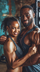 Fit and Joyful  Athletic Couple Flexing Muscles Post-Workout, Capturing Their Strength and Happiness in a Gym
