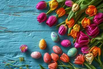 Fototapeta na wymiar Colorful tulips and Easter eggs on a blue wooden board.