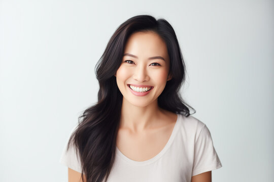 A photo portrait of a beautiful asian woman over 30 years old, smiling with clean teeth, perfect teeth. To advertise dentistry. Highlighted on a white background, copy space