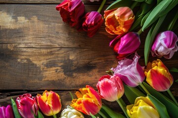Naklejka na ściany i meble Colorful tulips on a wooden board.