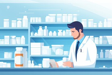 Cartoon illustration of a doctor or pharmacist in a medical shop