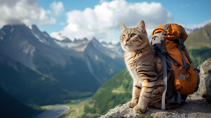 Cat traveler with a backpack in the mountains	
 - obrazy, fototapety, plakaty